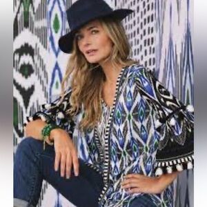 Chico's 40th Anniversary Ikat Fringe Open Cardigan Boho size XL